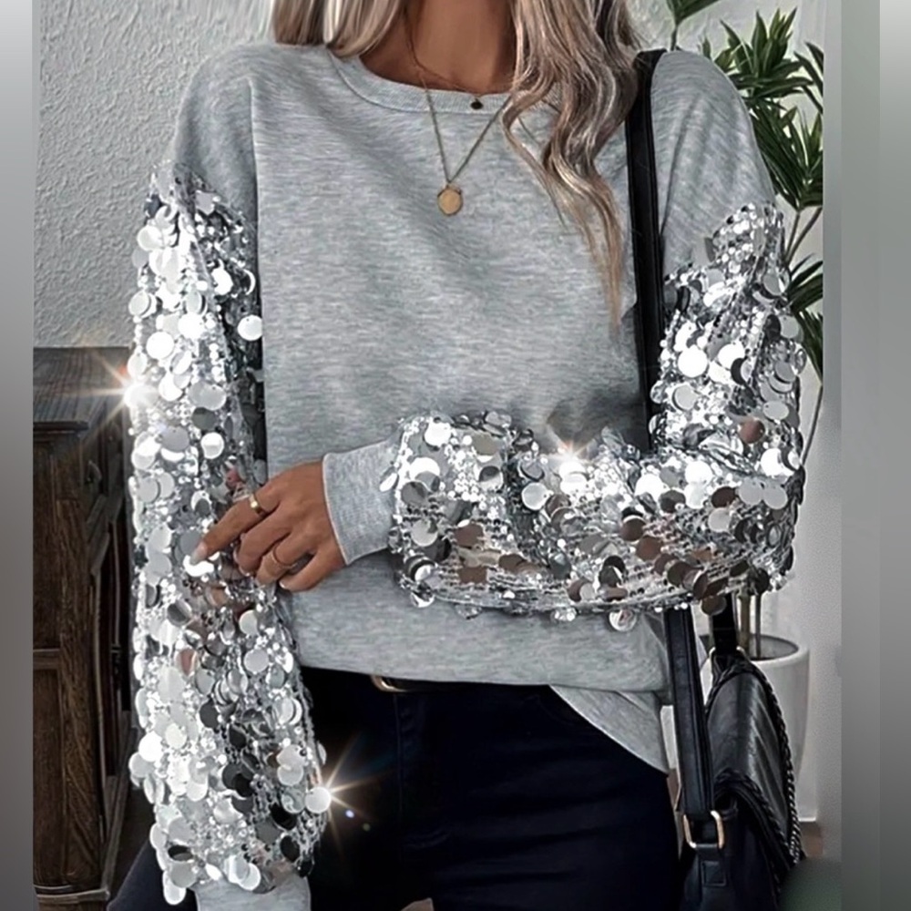 Grey sequin sleeve sweater